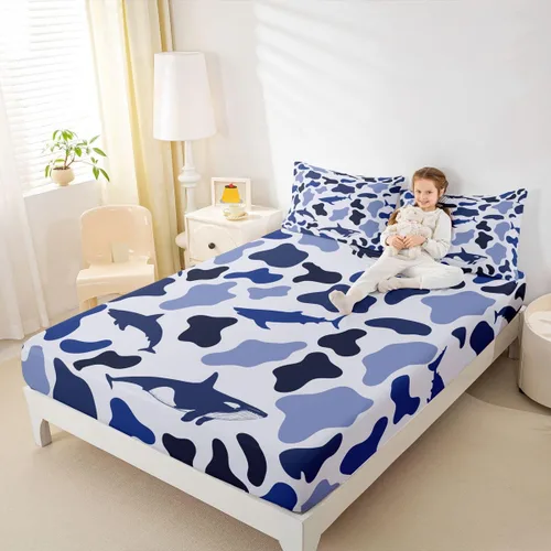 Miniatura 4 de Manfei Juego de sábana bajera de camuflaje de animales marinos, 2 piezas, diseño de camuflaje de tiburones y ballenas, con 1 funda de almohada