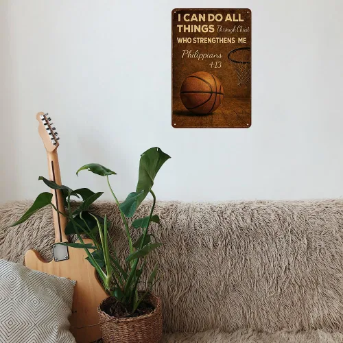 Miniatura 7 de Letrero decorativo de baloncesto "Puedo hacer todas las cosas a través de Cristo", letrero de baloncesto vintage de metal para pared, arte de pared