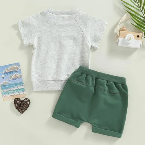 Miniatura 4 de Conjunto de traje de verano para bebé niño pequeño, manga corta, cuello redondo, letras impresas, lindo traje de verano, conjunto de 2 piezas