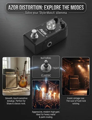 Miniatura 9 de AZOR AP-302 - Pedal de efecto de guitarra de distorsión, 3 modos, natural, apretado, clásico para guitarra eléctrica, True Bypass 3 perillas