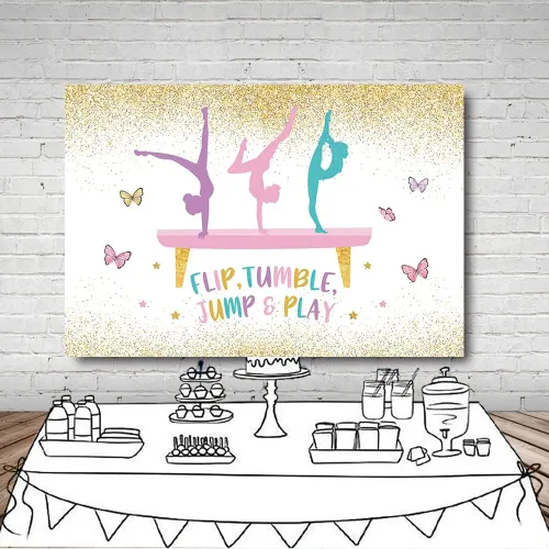 Miniatura 4 de MEHOFOND Telón de fondo de gimnasia de cumpleaños para niñas, gimnastas, volteador, saltar y jugar, suministros de decoración de fiesta, fondo