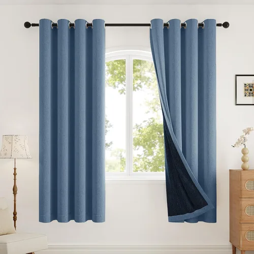 Miniatura 10 de Rinwoc - Cortinas 100% opacas gruesas y suaves de 2 paneles para dormitorio, aspecto de lino texturizado, bloqueo total de luz, cortinas