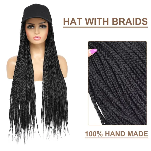 Miniatura 2 de Gorra con peluca para mujeres con gorra de béisbol y cabello trenzado adjunto, peluca de trenzas negras sintéticas, gorra ajustable con trenzas