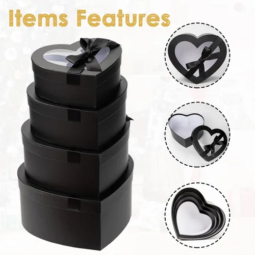 Miniatura 6 de Cajas negras en forma de corazón para arreglos florales, cajas de corazón para flores, juego de 4 cajas de regalo anidables con tapas transparentes