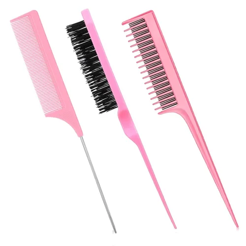 Miniatura 9 de Patelai Juego de 3 peines para peinar el cabello para mujer, cepillo para burlas/esponjoso, peine de cola de rata y peine triple (negro)