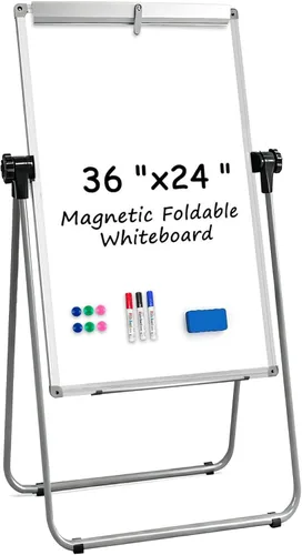 KIZZBY Pizarra blanca de doble cara con soporte, 36 x 24 pulgadas, caballete magnético portátil, soporte en U, altura ajustable y rotación de 360°,