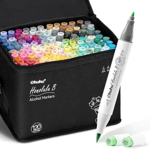 Ohuhu Marcadores de Alcohol Punta de Pincel - 120-color Certificado AP Juego de Marcadores de Arte de Doble Punta para Artistas Adultos Cómodo para