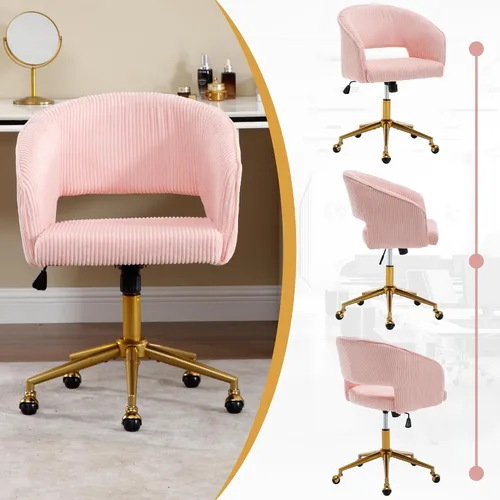Miniatura 8 de Sillas de escritorio para oficina en casa Westice, silla moderna de corduroy con ruedas, silla giratoria ajustable en altura con base dorada