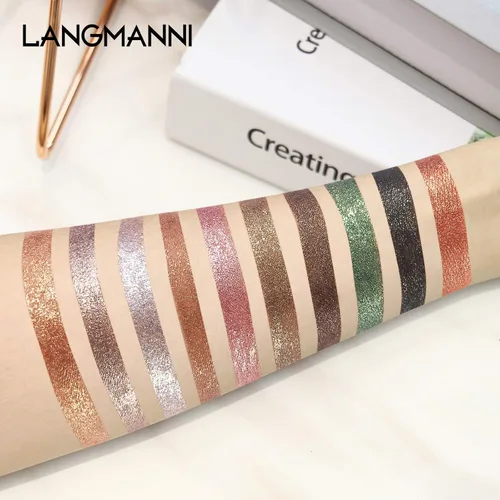 Miniatura 2 de LANGMANNI 10 sombras de ojos con purpurina líquida, juego de maquillaje metálico brillante a prueba de sudor, polvo de mezcla altamente pigmentado