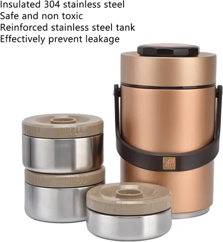 Miniatura 4 de 2.3L Vacuum Insulated Food Container with 3 Stackable Compartments 304 Stainless Steel Leak Proof Adults Thermal Food Jar for Work Travel Picnic Gold