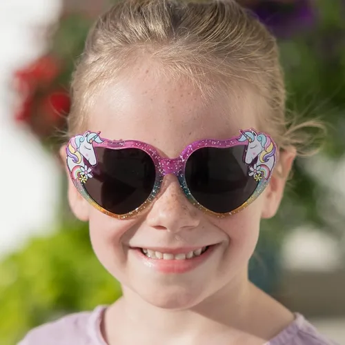 Miniatura 6 de ShadyVEU Gafas de sol para niños con forma de corazón, diseño de unicornio con purpurina y arco iris, para fiesta mágica, a prueba de roturas