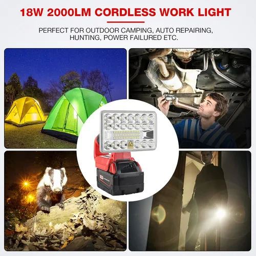 Miniatura 7 de Luz de inundación portátil de 18 W, 2000 lm, compatible con batería Milwaukee de 18 V, linterna con puerto USB-A para trabajo, camping, reparación
