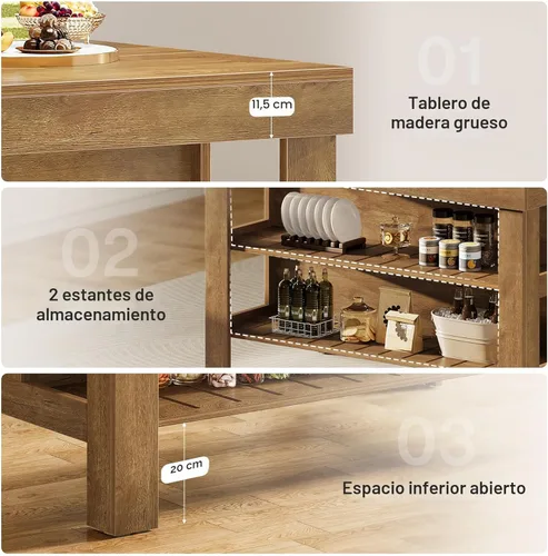 Miniatura 7 de Tribesigns Isla de cocina con estantes de asiento y almacenamiento, mostrador de desayuno de 55.1 pulgadas, mesa de isla de granja para cocina