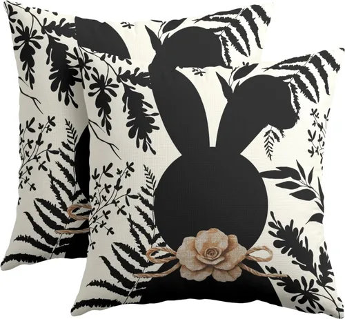 Kawani Fundas de almohada de conejo de Pascua de 16x16 pulgadas, juego de 2 fundas de almohada decorativas de conejo negro floral de Pascua para