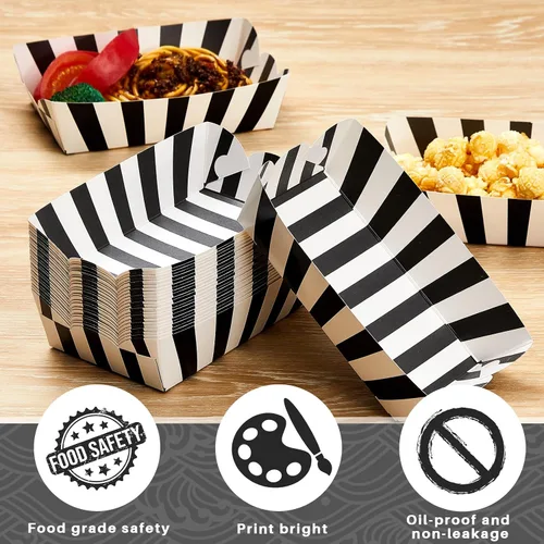 Miniatura 3 de Yaomiao 100 bandejas de papel a rayas, botes de papel para comida, nachos y perritos calientes, platos desechables para carnaval, ferias, Negro