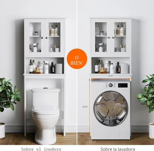 Miniatura 6 de Armario de almacenamiento sobre el inodoro para baño, organizador de almacenamiento sobre el inodoro, ahorro de espacio con puertas de vidrio Blanco