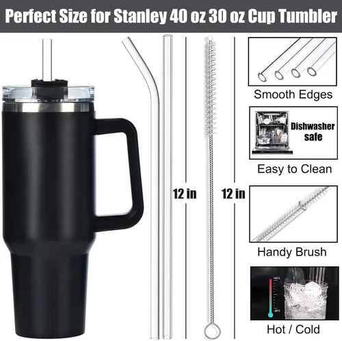 Miniatura 2 de ALINK Paquete de 8 popotes de vidrio de repuesto para vasos Stanley de 40 onzas y 30 onzas, popotes transparentes reutilizables de 12 pulgadas