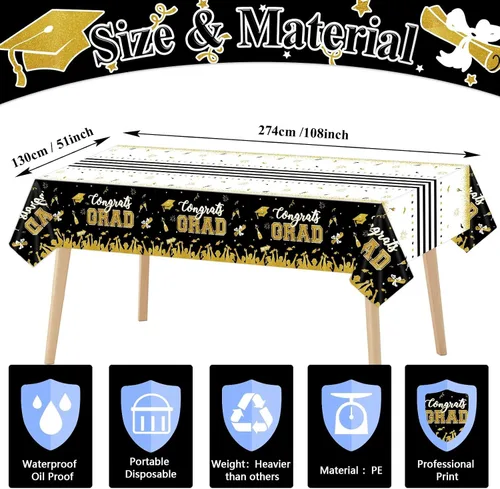 Miniatura 2 de chiazllta Juego de 3 manteles de graduación de la clase de 2026 con texto en inglés "Congrats Grad", color negro, decoración de fiesta, suministros