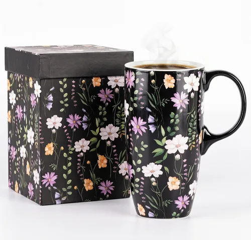 Topadorn Taza de viaje de cerámica negra de 17 onzas con tapa, taza de café floral oscuro, apta para microondas y lavavajillas, caja de regalo