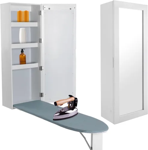 Miniatura 11 de Armario de tabla de planchar de pared giratoria de 180° con armario de almacenamiento y espejos, gabinete de planchado colgante de diseño plegable