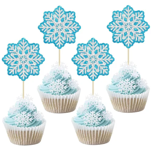 Miniatura 20 de Gyufise 24 adornos de copos de nieve Oh Baby para cupcakes con purpurina azul, decoración de pastel de baby shower congelado para baby shower