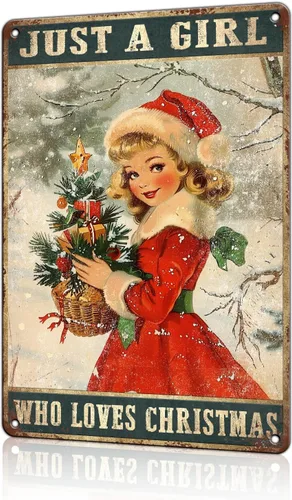 Letrero de metal vintage de hojalata – Once Upon A Time Girl Loved Christmas divertida decoración de pared – Letrero retro de invierno para el