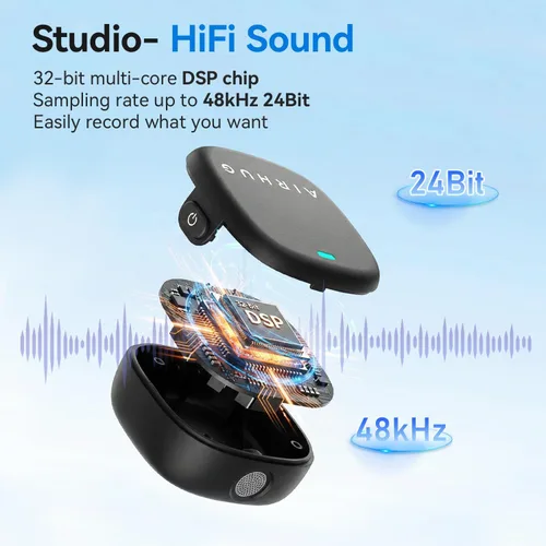 Miniatura 6 de AIRHUG Micrófono Lavalier inalámbrico para iPhone/Android/PC, batería de 60 horas, 48 KHz 24 bits, relámpago Plug-Play/USB-C, 3 modos de grabación