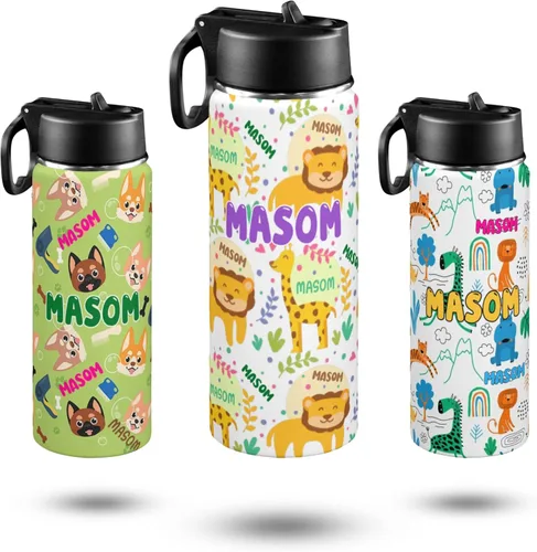Personalized Kids Water Bottle with Name, 18oz Insulated Stainless Steel Straw, Leak Proof BPA-Free Water Bottle for School, Sports & Travel, Custom