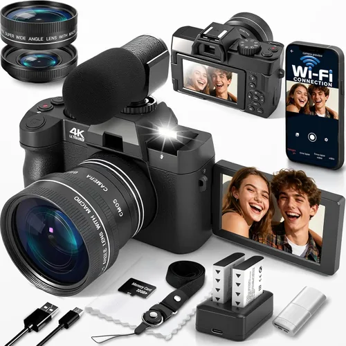 Cámara digital 4K para fotografía con WiFi, cámara de videoblogs con autofoco para YouTube con pantalla giratoria, viene con 2 baterías, lente gran