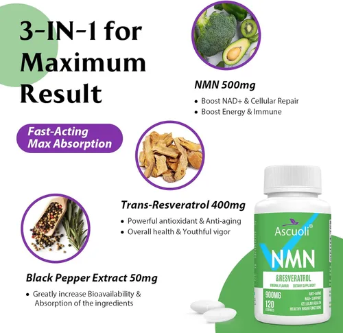 Miniatura 9 de NMN sublingual 500mg + Trans-Resveratrol 400mg, fórmula avanzada 3 en 1 99% puro suplemento de NMN y resveratrol para aumentar* NAD, células, Verde