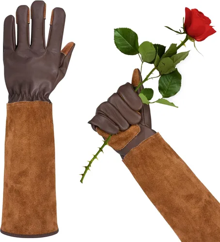 Miniatura 9 de Guantes largos de jardinería para mujeres, a prueba de espinas, guantes de cuero de vaquilla para poda de rosas, para cactus, rosas y moras