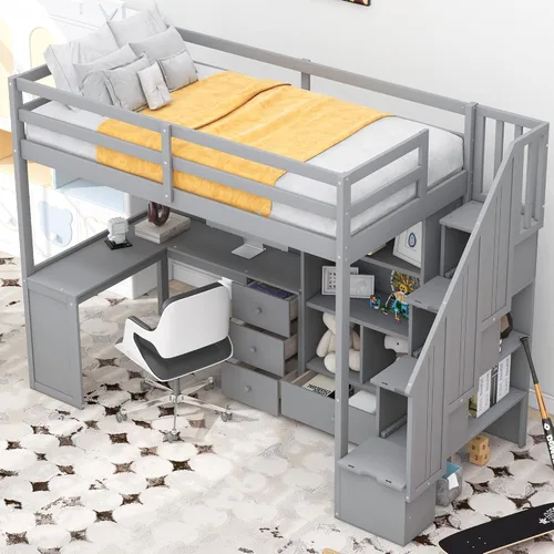 Miniatura 3 de Cama tipo loft de tamaño individual con escritorio en forma de L y 3 cajones, marco de cama de madera con escalera y armario de almacenamiento