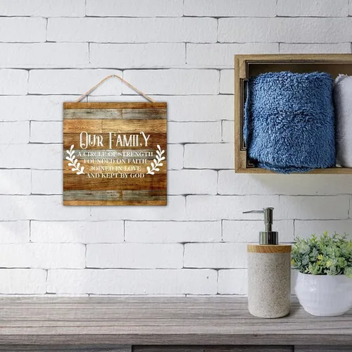 Miniatura 6 de Paleta de madera vintage con versículo bíblico para el hogar, con texto en inglés "Our Family a Circle of Strength" Founded on Faith Joined in Love
