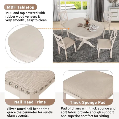 Miniatura 4 de VilroCaz Juego de mesa de comedor moderna para 4, mesa redonda expandible de 42 pulgadas con 4 sillas tapizadas, juego de cocina de 5 piezas