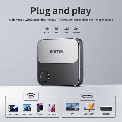 Miniatura 3 de Unitek Adaptador inalámbrico HDMI para pantalla Dongle, receptor de duplicación de pantalla 2.4G/5G 4K, dispositivo de transmisión de TV