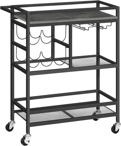 MAHANCRIS Carrito de bar para el hogar, carrito de servicio de 3 niveles con ruedas y asa, carrito de bebidas con estante para vino y soportes para