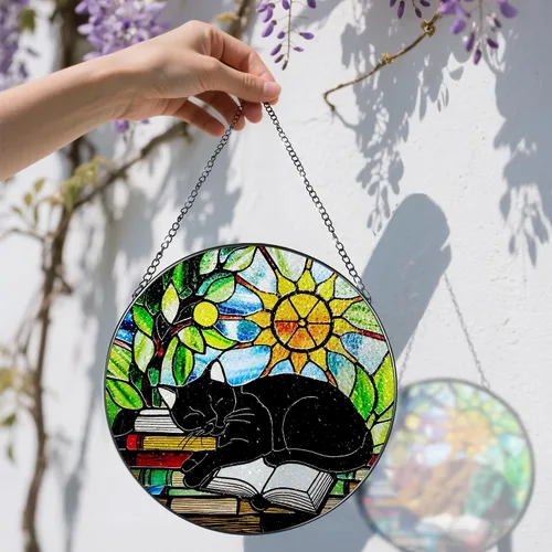 Miniatura 3 de Colgante de Vidriera, Gato Negro de 8 Pulgadas sobre Libro Atrapasol de Vidriera, Decoración Colgante para Ventana, Regalos para Amantes