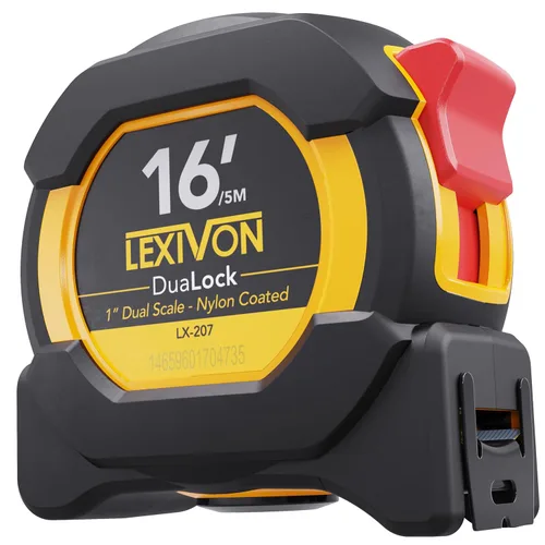 LEXIVON 16 pies/5 metros DuaLock Cinta métrica | Hoja de 1 pulgada de ancho con revestimiento de nailon, acabado mate blanco y amarillo con