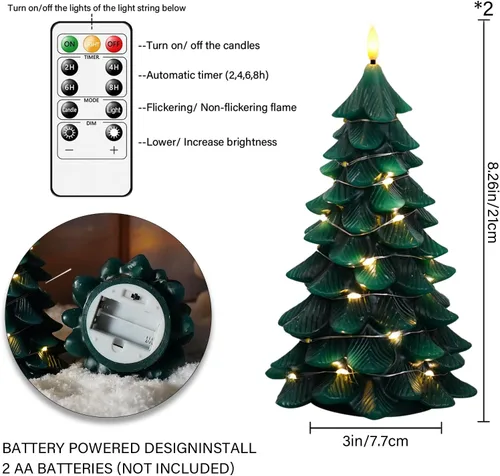 Miniatura 5 de kakoya Velas sin Llama de Árbol de Navidad con Control Remoto, 2 Piezas Velas LED Parpadeantes de Cera Real Verde que Funcionan con Batería