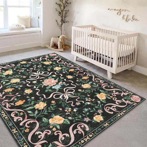 Miniatura 43 de Alfombra de área de 5 x 7 pies para sala de estar, alfombra verde boho antideslizante lavable, alfombra vintage de pelo bajo, alfombra grande