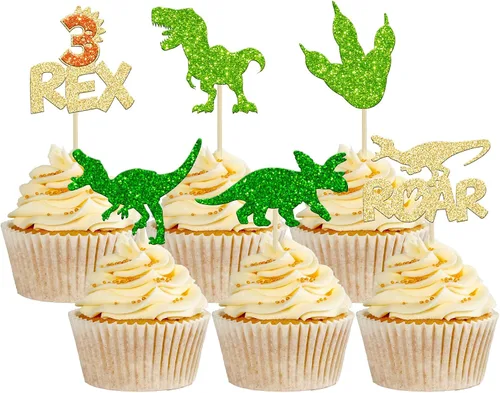 Miniatura 14 de Gyufise 24 piezas de adornos de dinosaurios con purpurina azul 3 Rex Roar Dinosaur Cupcake Picks Three Years Old Dino Theme Baby Shower 3er Birthday