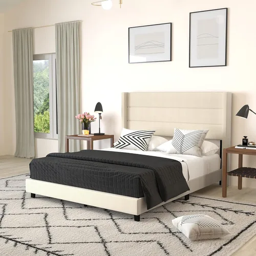 Merrick Lane Percy - Cama de plataforma moderna, lino sintético beige, tamaño Queen, cabecero acolchado con respaldo con alas cosidas de canal,