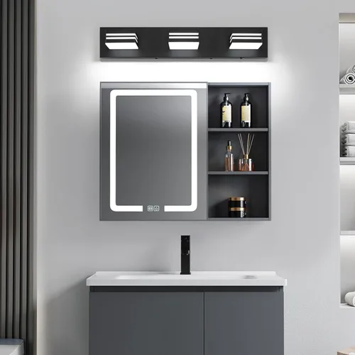 Miniatura 6 de Moderna lámpara LED para tocador de baño (3 luces, 24 pulgadas) (5CCT, regulable), negro mate moderno para pared de baño