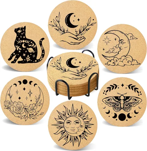 Miniatura 8 de Juego de 6 posavasos de café para bebidas con soporte, posavasos de madera de corcho absorbente para escritorio, mesa de oficina, decoración