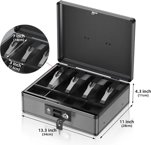 Miniatura 5 de Caja de Efectivo con Cerradura con Bandeja para Dinero y Llave, Caja Fuerte Segura para Efectivo, Caja de Dinero Portátil con Espacios