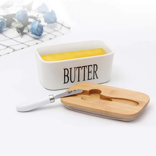 Miniatura 5 de Mantequillera de cerámica con tapa de madera, contenedor grande de mantequilla con esparcidor de cuchillo de acero inoxidable, cubierta de bambú