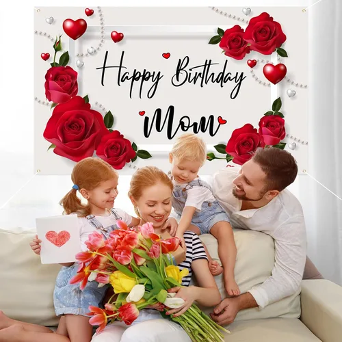 Miniatura 4 de Labakita Telón de fondo de feliz cumpleaños para mamá, letrero de decoración de cumpleaños de madre madre, telón de fondo de decoración de feliz