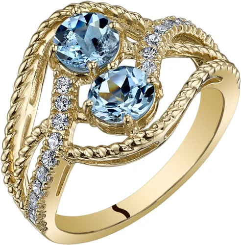 PEORA Anillo de dos piedras aguamarina para mujer, oro amarillo de 14 quilates, piedra preciosa natural, forma redonda total de 1 quilate, tallas 5