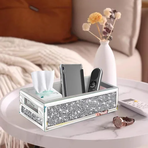 Miniatura 6 de Wocred Cesta de baño para inodoro, bandeja de baño con espejo de diamante triturado montado en la pared, organizador de almacenamiento plateado que