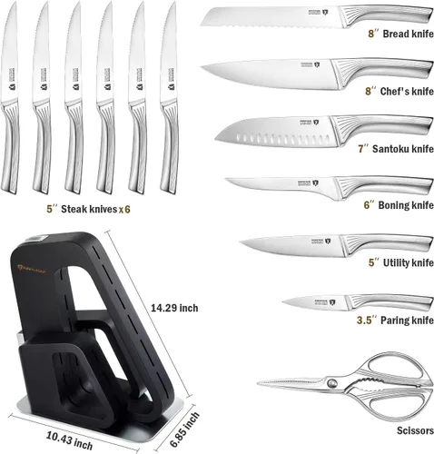Miniatura 4 de KINGSTONE Juego de 14 piezas de cuchillos de cocina con bloque, juego de cuchillos de acero inoxidable alemán con afilador incorporado, juego